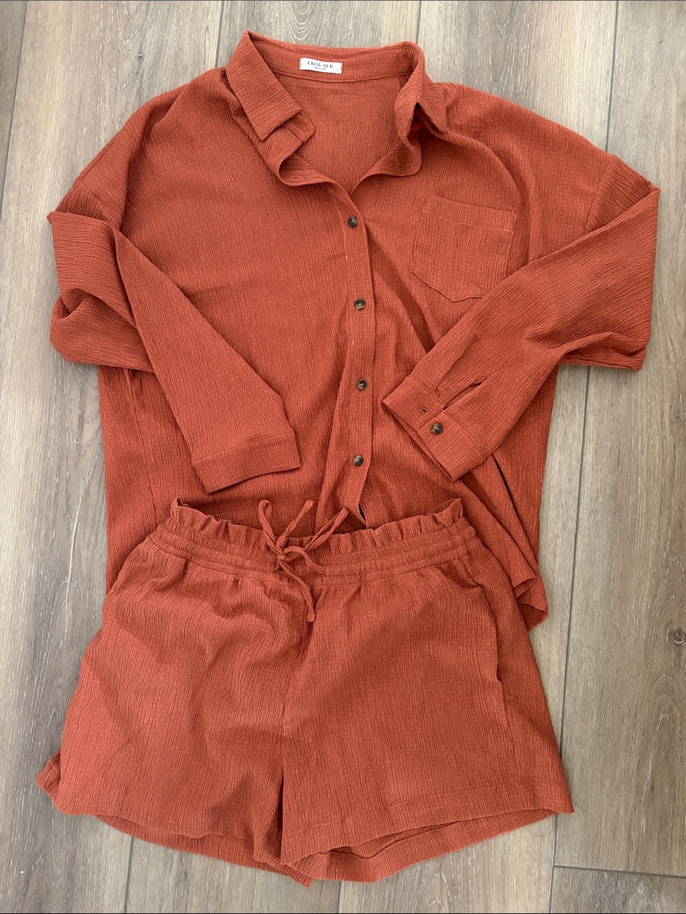Amazon Women's Rust Orange Button-Up Top and Shorts Set